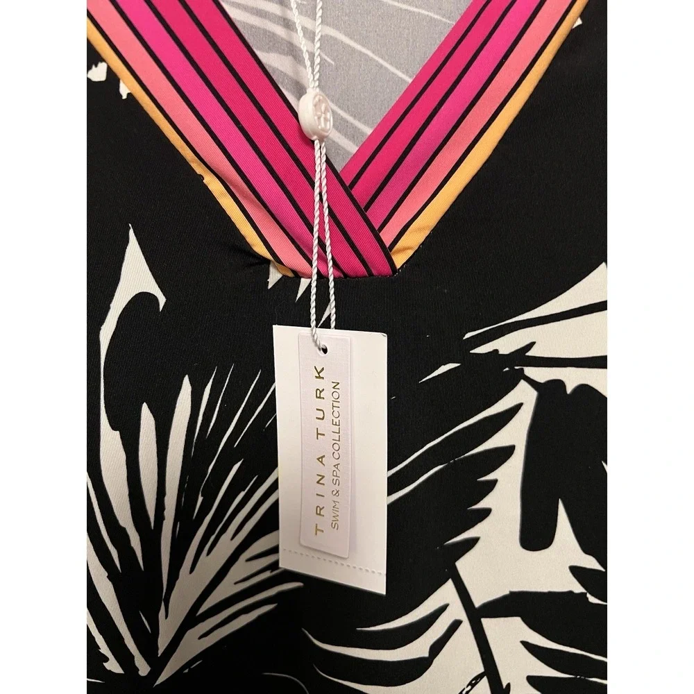 Trina Turk Lennox Swim Cover Up Beach Resort Tunic Dress Black White Pink Size M